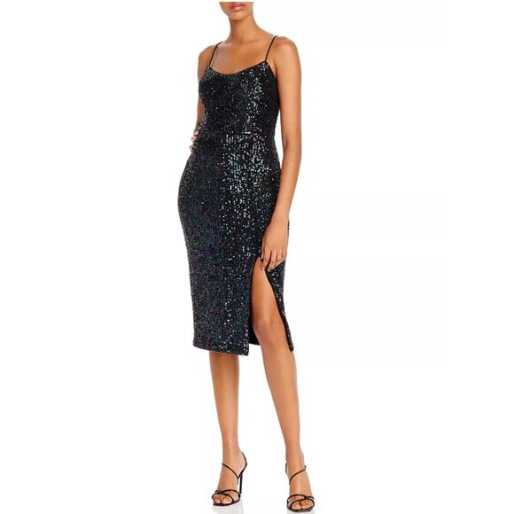 Black Sequined Cocktail Dress Size 6 Sleeveless Midi Sheath by AQUA - Picture 10 of 12